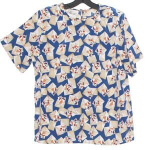 Kathie Lee Womens Top Vintage Fruit Print Shoulder Pads Blue Plus Size 14 FT